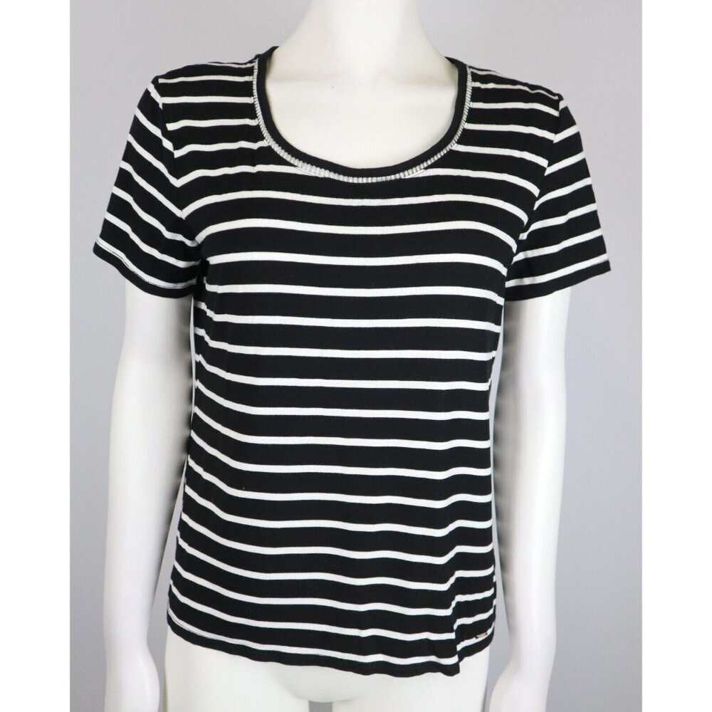 TOMMY HILFIGER - WOMEN'S BLACK AND WHITE STRIPED SHORT SLEEVE TOP -SIZE M